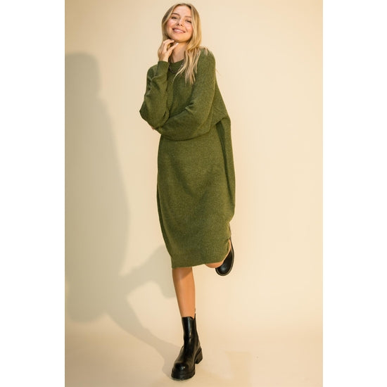 Mock Neck Midi Sweater Dress in Olive